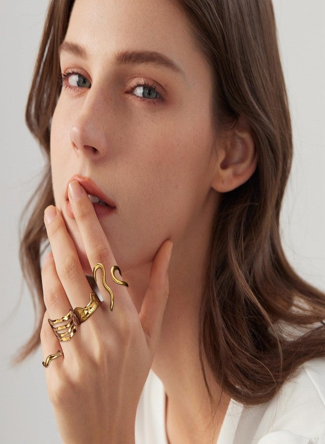 Kysppreu Gold Chunky Rings for Women Asymmetrical Wavy Curve Thumb Ring Irregular Thick Open Statement Rings Adjustable Stainless Steel Flower Finger Rings Non Tarnish - Image 4